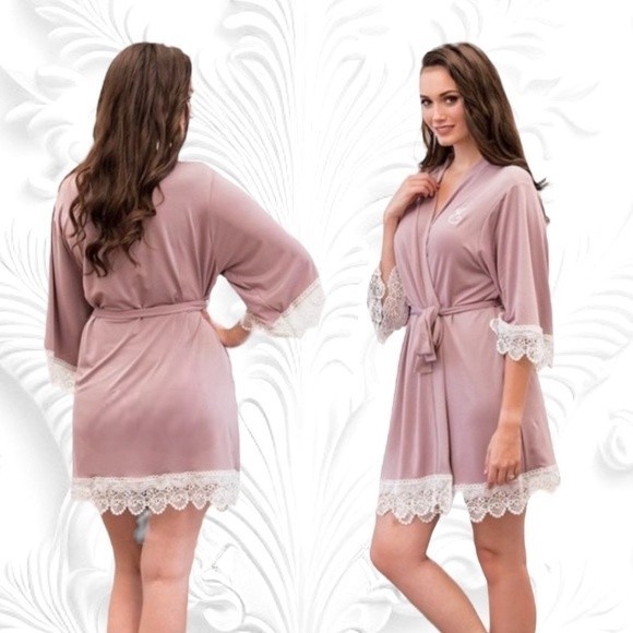 Wedding Star Bridesmaid Robe White Lace Trim Satin Wrap Mauve Pink Large - Picture 1 of 1